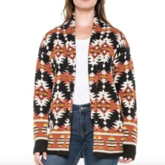 Lucky Brand Sweater Aztec Southwestern Open Front Shawl Collar Black Women's S/P - Picture 1 of 5